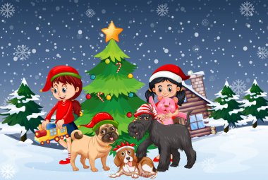 Noel temalı resimde çocuklar ve köpeklerle yağan kar sahnesi