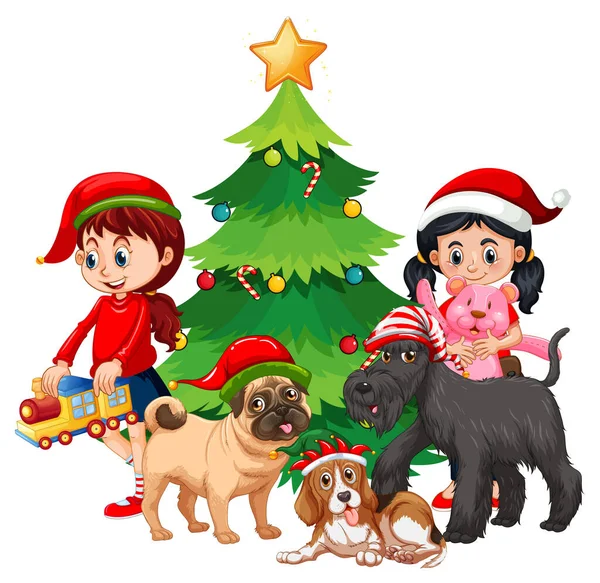 Bambini Cani Natale Tema Illustrazione — Vettoriale Stock