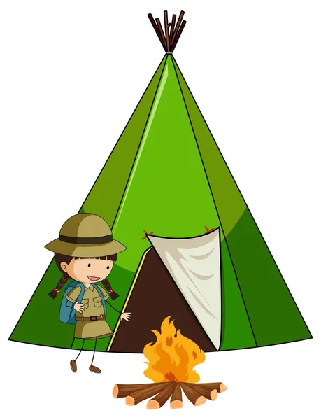 Camping Tent Met Doodle Kinderen Stripfiguur Geïsoleerde Illustratie — Stockvector