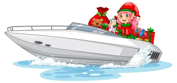 Jultomte Motorbåt Med Sina Presenter Illustration — Stock vektor