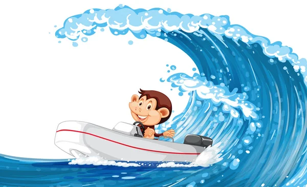 Happy Monkey Driving Boat Ocean Wave Illustration — Stock Vector