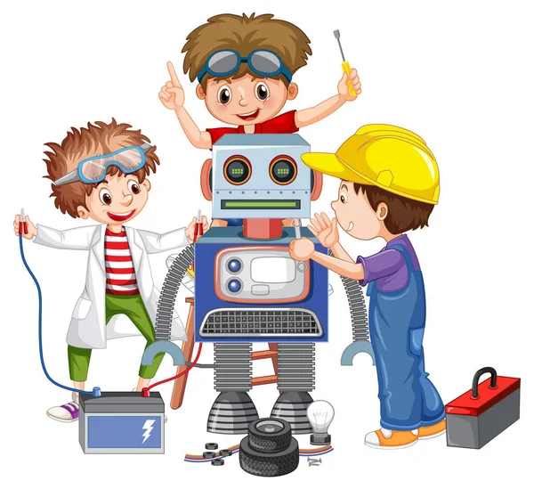 Kinderen Bevestigen Een Robot Samen Illustratie — Stockvector