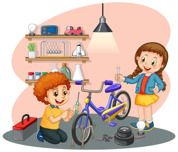 Gyermekek Rögzítő Kerékpár Együtt Illusztráció — Stock Vector