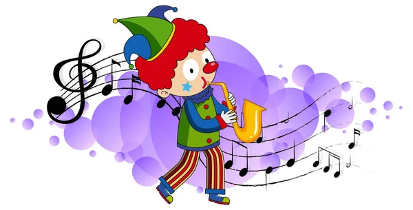 Zeichentrickfigur Eines Clowns Spielt Saxofon Mit Melodiensymbolen Illustration — Stockvektor