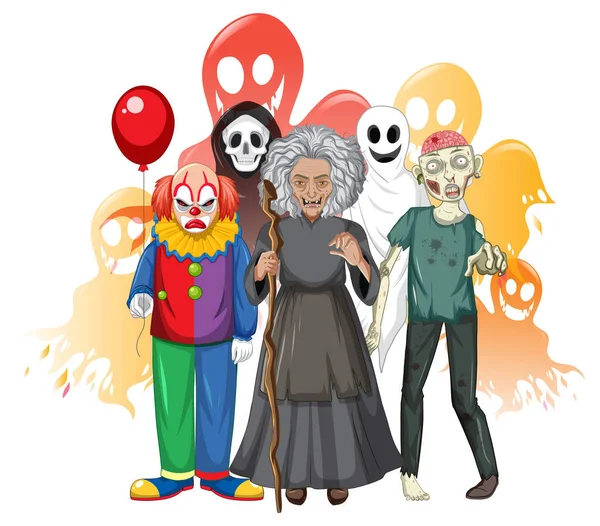 Personaje Dibujos Animados Halloween Con Ilustración Bruja Payaso Zombi — Vector de stock