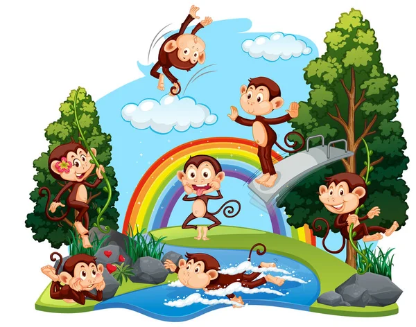 Funny Monkeys Playing Forest Illustration — Stock Vector