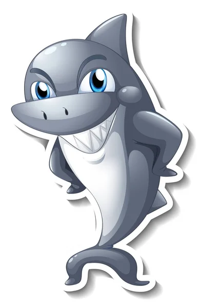 Funny Grey Shark Cartoon Character Sticker Illustration — Stock Vector