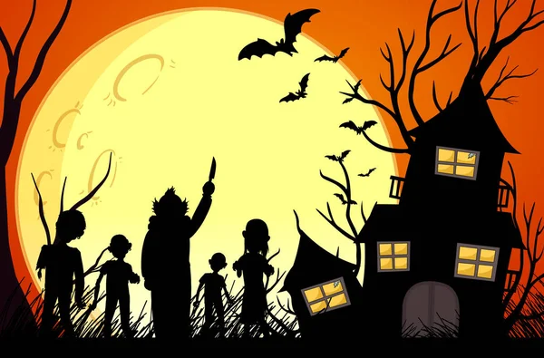 Strašidelný Dům Zombie Silueta Plném Pozadí Ilustrace — Stockový vektor