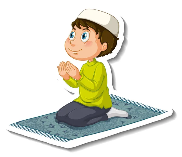 带有穆斯林男孩的贴纸模板在祈祷位置孤立的插图 — 图库矢量图片