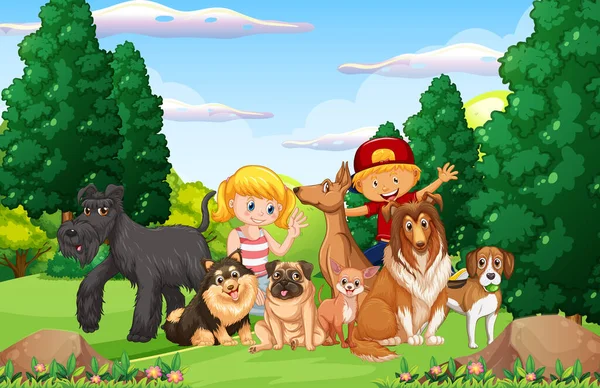 Park Scene Met Kinderen Spelen Met Honden Illustratie — Stockvector