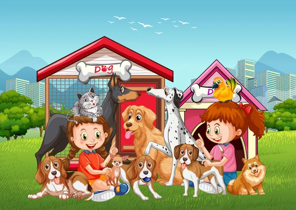 Park Scéna Dětmi Hrát Svými Zvířaty Ilustrace — Stockový vektor