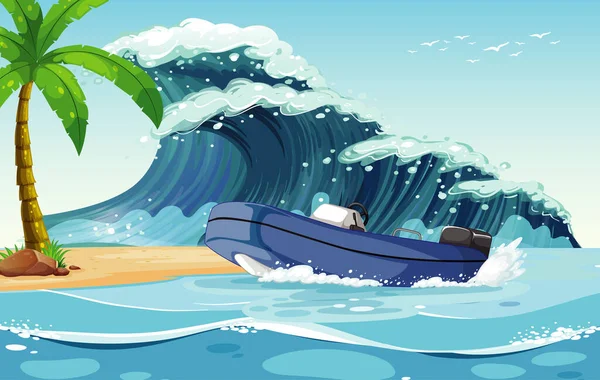 Escena Playa Con Bote Auxiliar Ilustración Ola Mar — Vector de stock