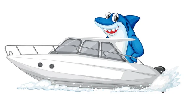 Hai Auf Speedboot Cartoon Figur Auf Weißem Hintergrund Illustration — Stockvektor