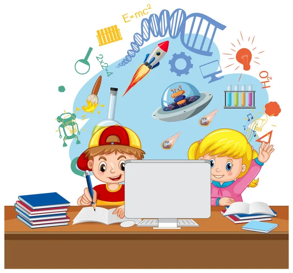 Los Niños Escuela Que Estudian Delante Ilustración Informática — Vector de stock