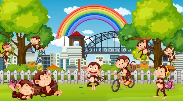 Venkovní Park Scéna Malými Opicemi Dělat Různé Činnosti Ilustrace — Stockový vektor
