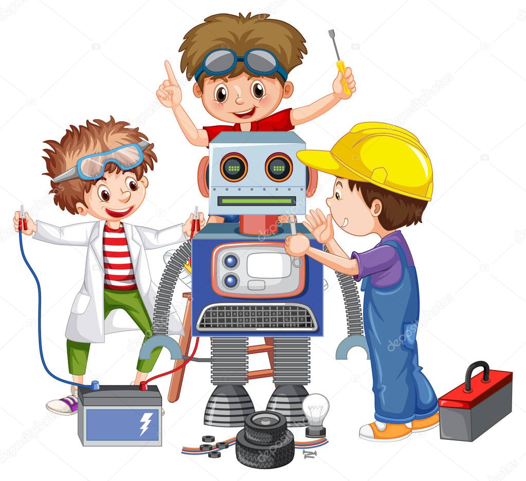 Children fixing a robot together illustration