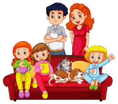 Beyaz arkaplandaki mutlu aile çizgi film karakteri