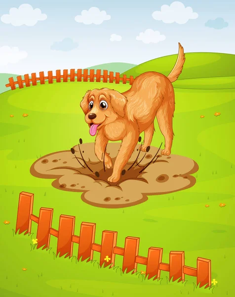 Ein Hund Gräbt Ein Loch Den Boden Illustration — Stockvektor