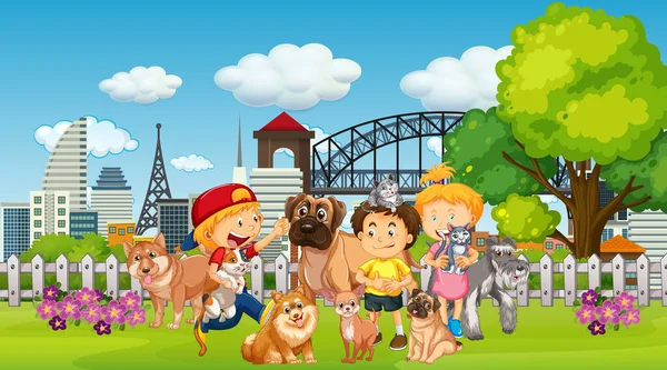 Parkszene Mit Kindern Die Mit Ihren Tieren Spielen Illustration — Stockvektor