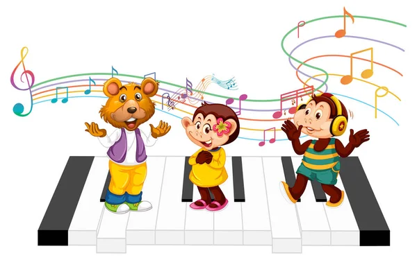 钢琴插图上站着可爱的动物卡通人物 — 图库矢量图片