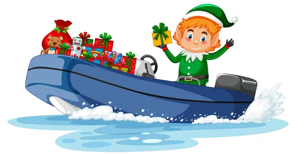 Χριστουγεννιάτικο Ξωτικό Στο Σκάφος Δώρα Του Εικονογράφηση — Διανυσματικό Αρχείο