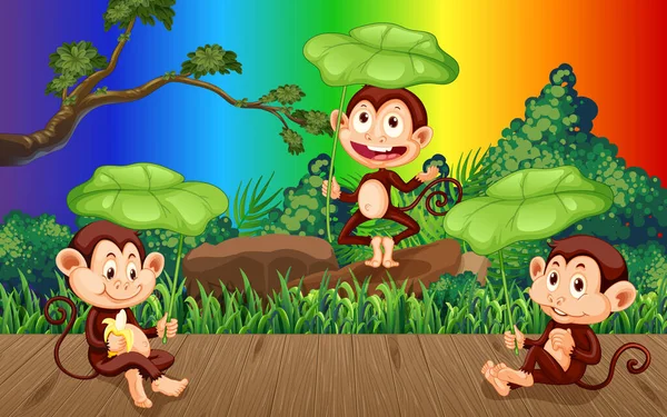 三只猴子在森林中的渐变彩虹背景图解 — 图库矢量图片