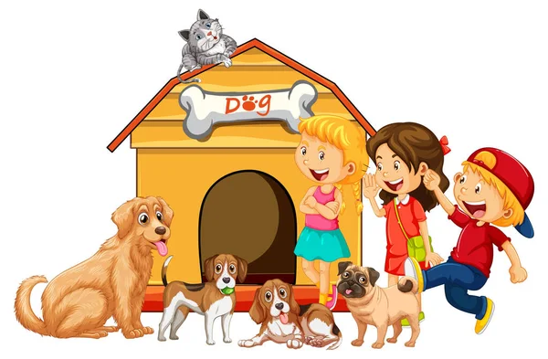 Bambini Con Loro Cani Sfondo Bianco Illustrazione — Vettoriale Stock