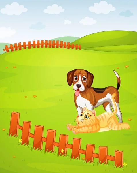 牧草地のイラストにビーグル犬と猫 — ストックベクタ
