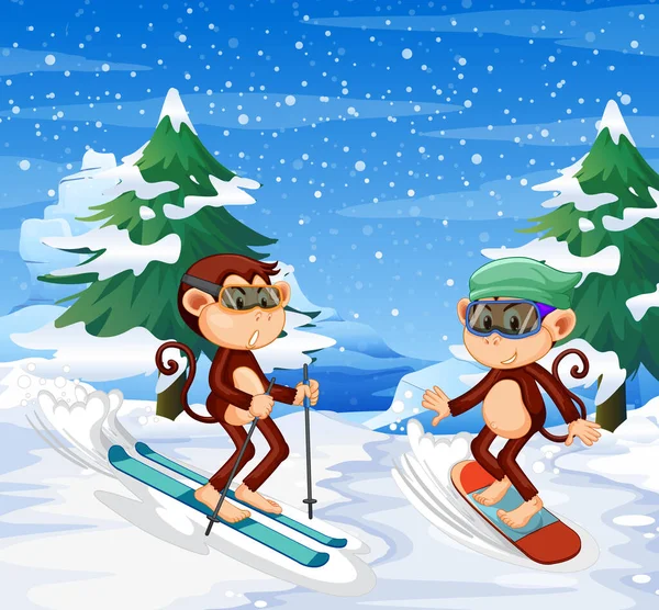 Snow Scene Little Monkeys Skiing Illustration — Stock Vector