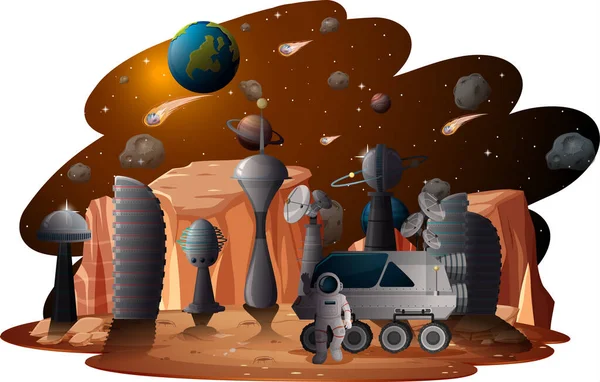 Raumstation Auf Dem Planeten Landschaft Illustration — Stockvektor