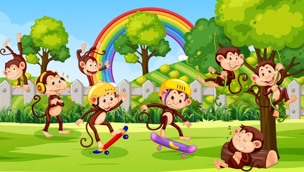 Outdoor Park Little Monkeys Doing Different Activities Illustration — Stock Vector