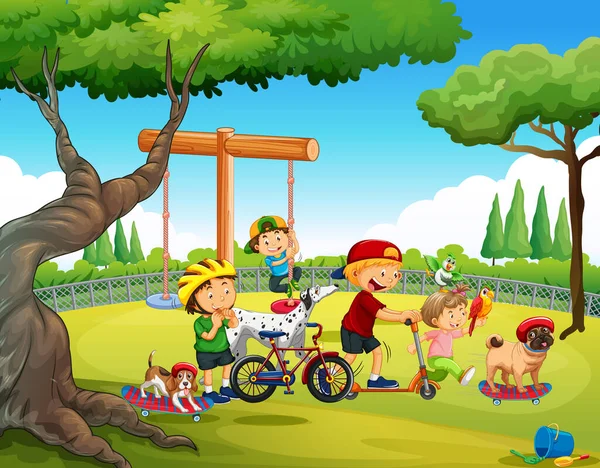 Escena Del Parque Infantil Con Niños Jugando Con Perros Ilustración — Vector de stock