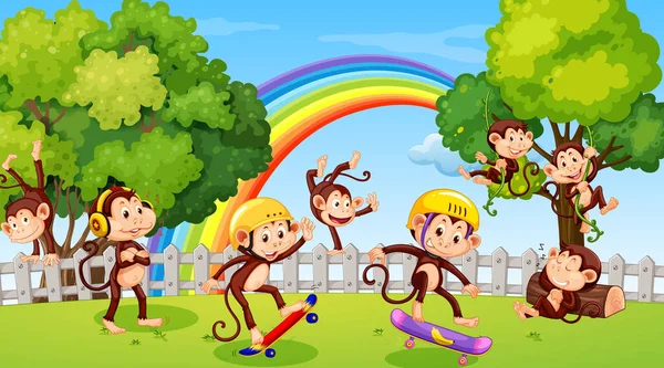 Macacos Fazendo Diferentes Atividades Ilustração Cena Parque — Vetor de Stock