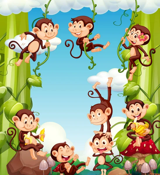 Šťastné Opice Pozadí Přírody Ilustrace — Stockový vektor