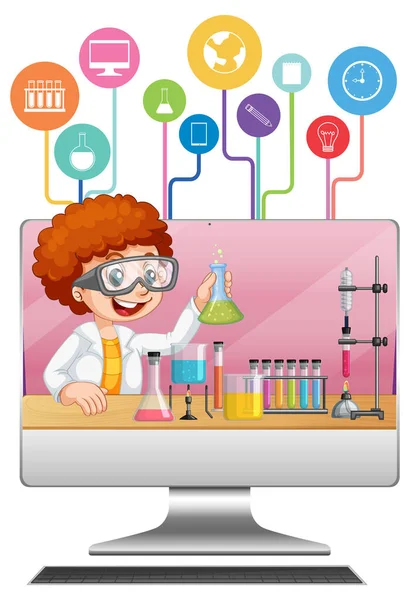 Computer Met Wetenschapper Kind Cartoon Illustratie — Stockvector