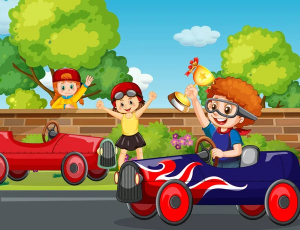 Park Scene Children Racing Car Illustration — Stock Vector
