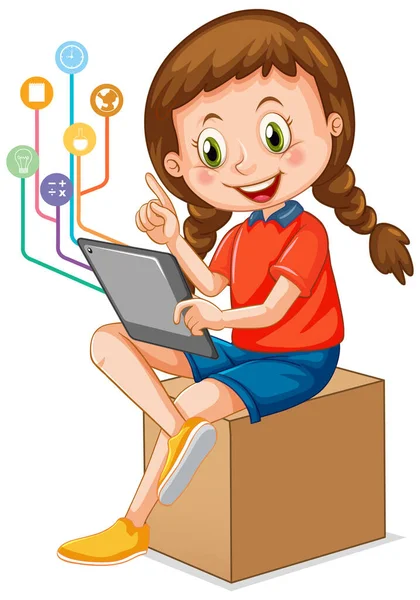 Jong Meisje Met Behulp Van Tablet Met Onderwijs Pictogrammen Illustratie — Stockvector