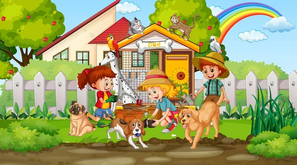 Bambini Che Giocano Con Loro Animali Parco Illustrazione — Vettoriale Stock