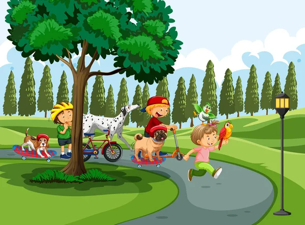 Kinderen Spelen Met Hun Dieren Het Park Illustratie — Stockvector