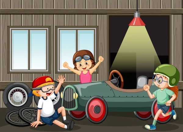 Garage Scene Met Kinderen Vaststelling Van Een Auto Samen Illustratie — Stockvector