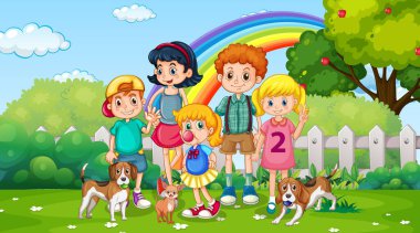 Hayvanlarıyla oynayan çocukların oynadığı park sahnesi