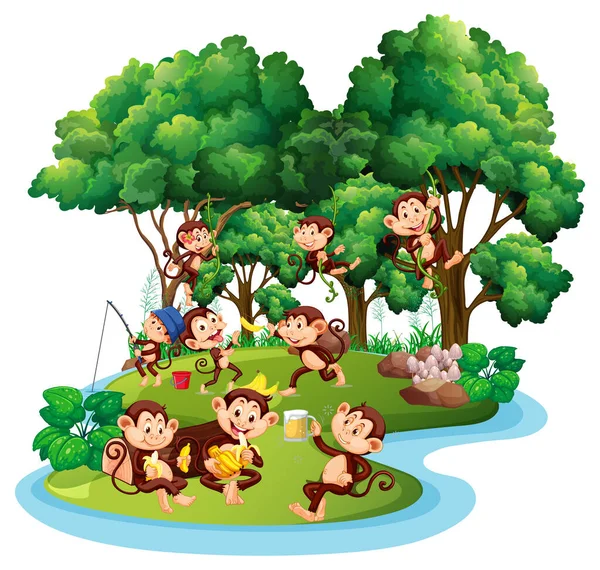 Bir Sürü Şirin Maymun Resimli Issız Bir Orman — Stok Vektör