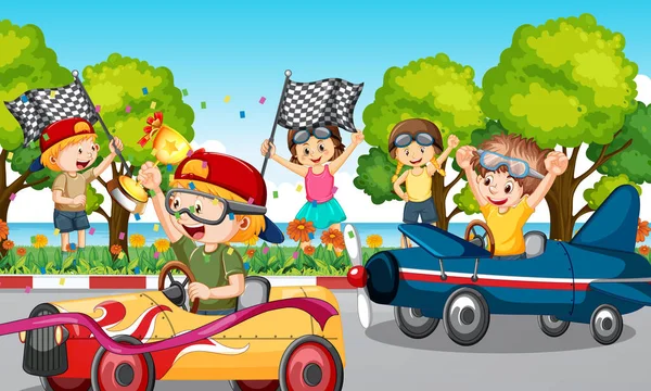Εξωτερική Σκηνή Παιδιά Αγωνιστικά Αυτοκίνητο Εικονογράφηση — Διανυσματικό Αρχείο