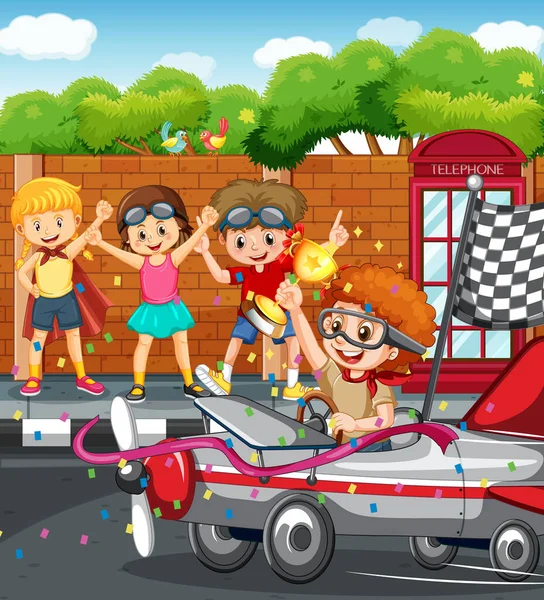 Εξωτερική Σκηνή Παιδιά Αγωνιστικά Αυτοκίνητο Εικονογράφηση — Διανυσματικό Αρχείο