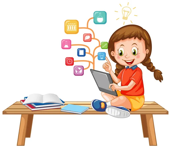 Chica Joven Usando Tableta Con Iconos Educación Ilustración — Vector de stock