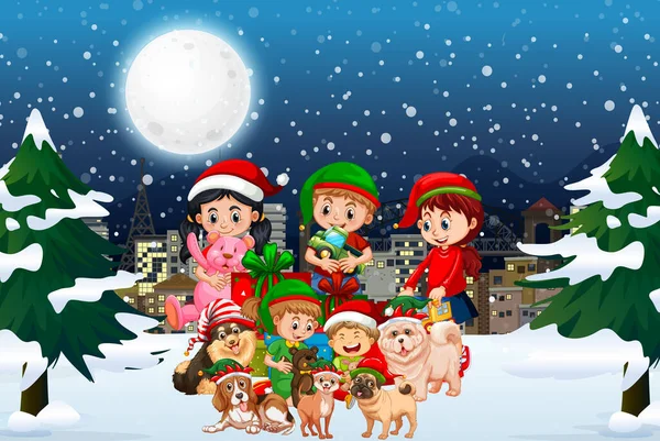 Nieve Caída Escena Con Niños Perros Navidad Tema Ilustración — Vector de stock