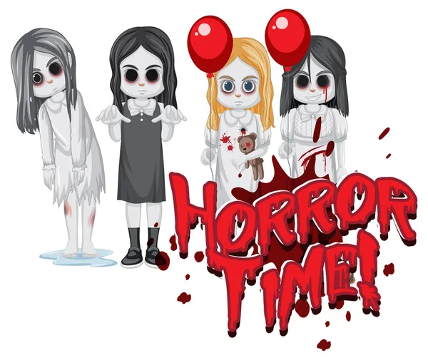 Horror Time Text Design Creepy Ghost Girls Illustration — Stockvektor