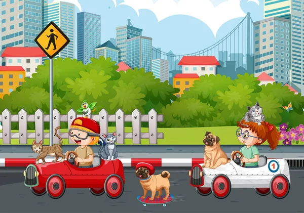 Street Scene Boy Riding Car Animals Illustration — Vetor de Stock