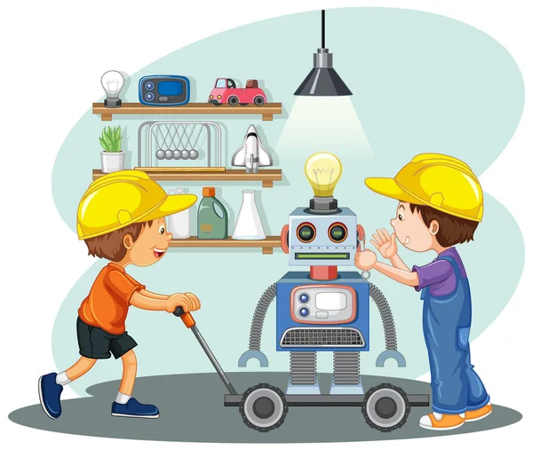 Niños Arreglando Robot Juntos Ilustración — Archivo Imágenes Vectoriales