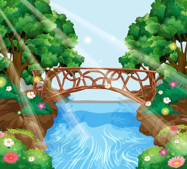 Enchanted Garden Background Stone Bridge Illustration — Stock vektor